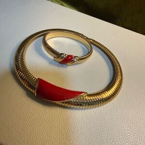 Vintage Gold-Tone Necklace & Bracelet Set with Red Enamel Accents